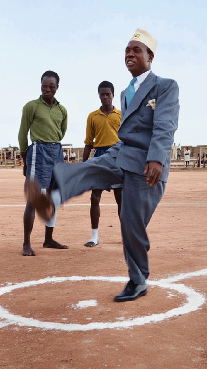 Action shot of Kwame Nkrumah kicking a football